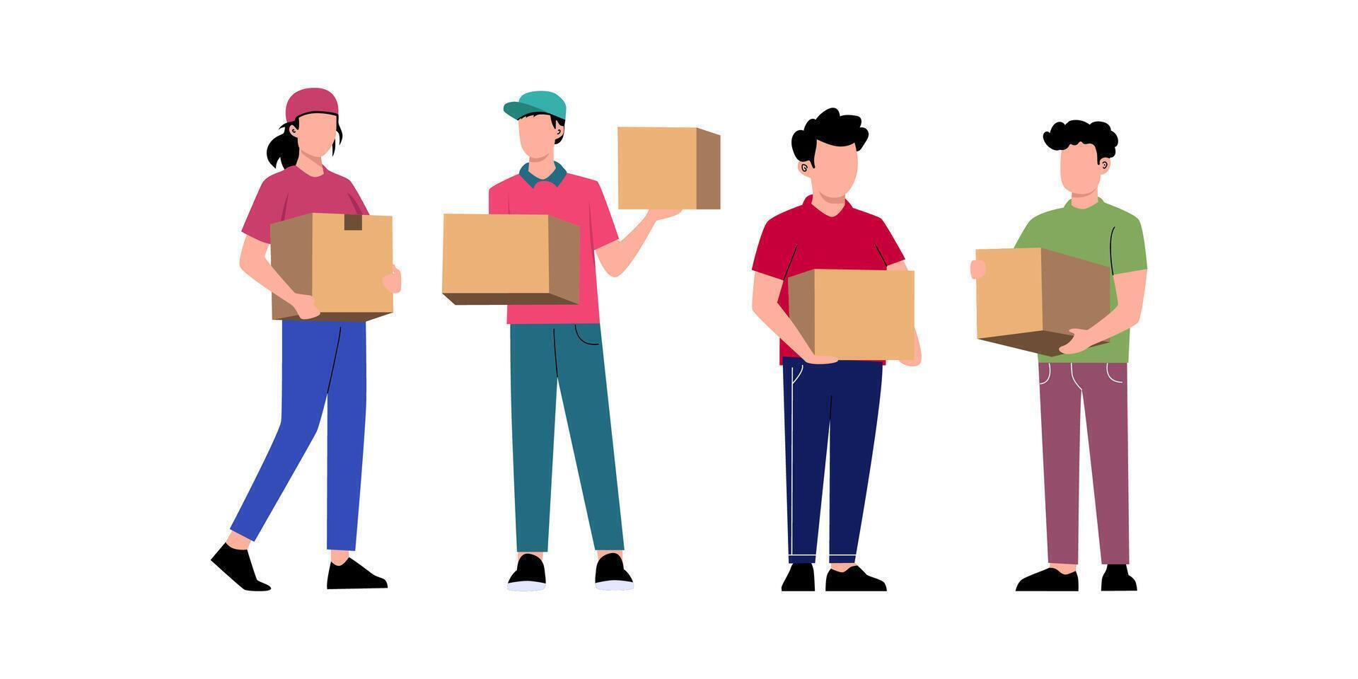 Four people carrying cardboard boxes, ready for moving or delivery. vector