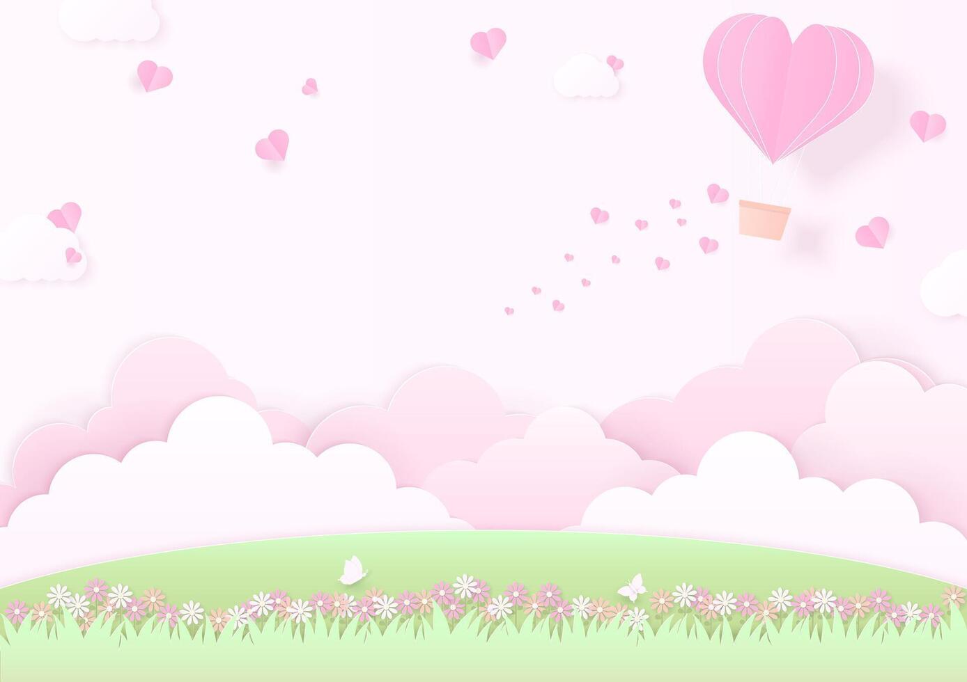 Heart balloon with cloud and meadow background vector