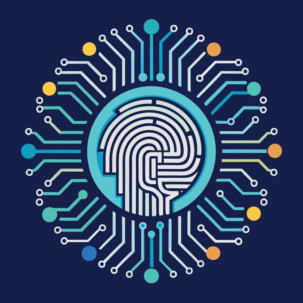 A human fingerprint integrated with circuit boards and data lines, symbolizing biometric security. vector