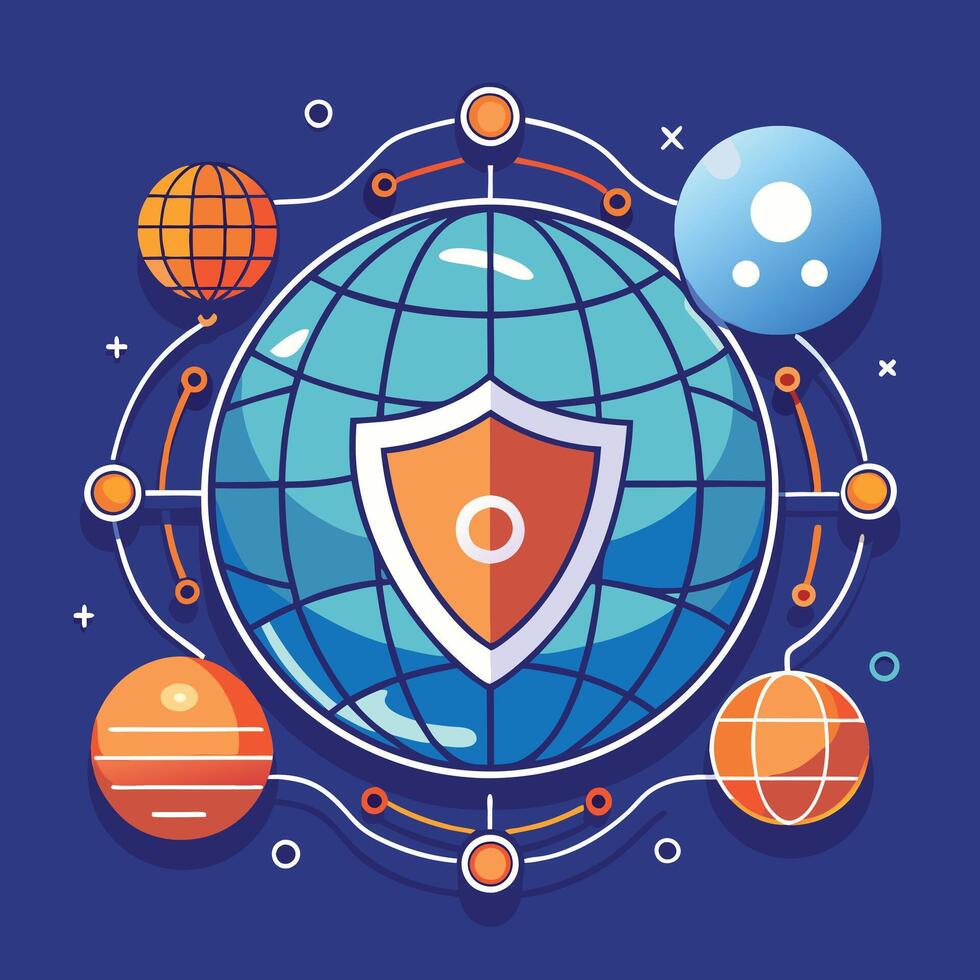 a digital shield and firewall with abstract code lines, representing global cybersecurity vector