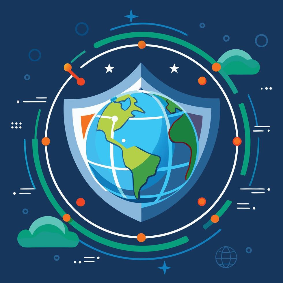 A globe surrounded by a digital shield and firewall with abstract code lines, representing global cybersecurity vector