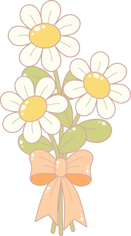Daisy Flower Bouquet with Ribbon. Simple and Cute Style. vector