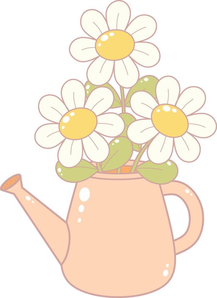 Daisy Flower in Watering Can. Simple and Cute Style Illustration. vector