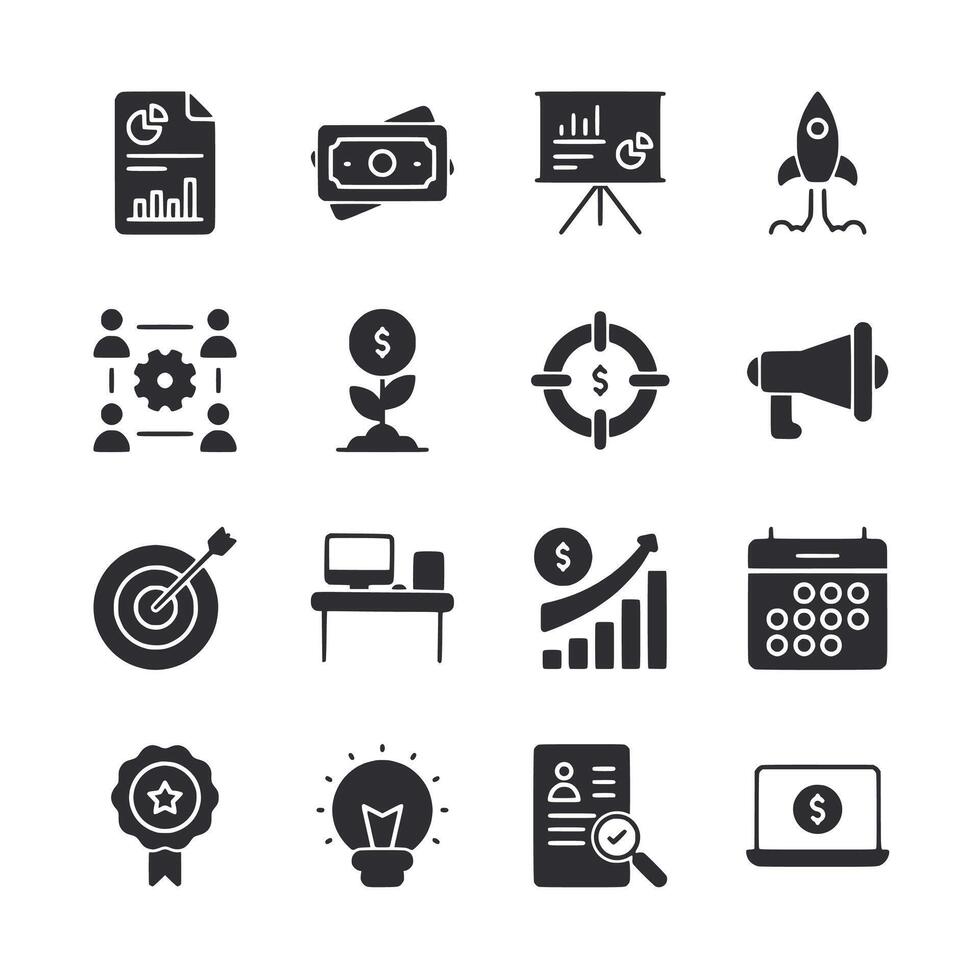 A set of business icons including a goal, a laptop, a calendar, a microphone vector