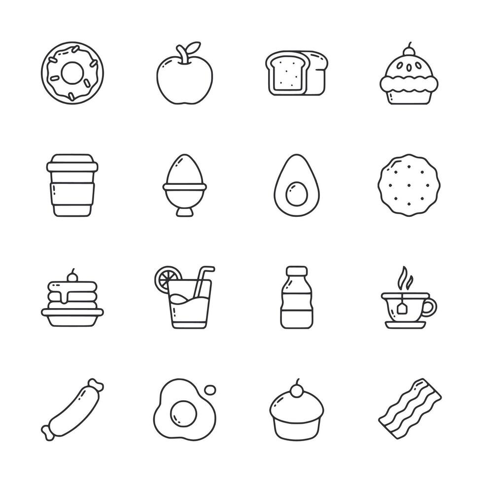 A set of food icons including a donut, a cup of coffee, a sandwich, and a banana vector