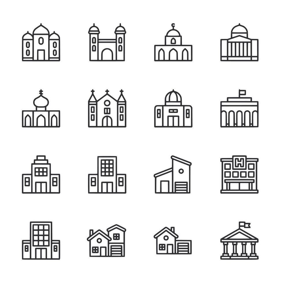 Collection icon graphic of buildings in various styles and sizes vector