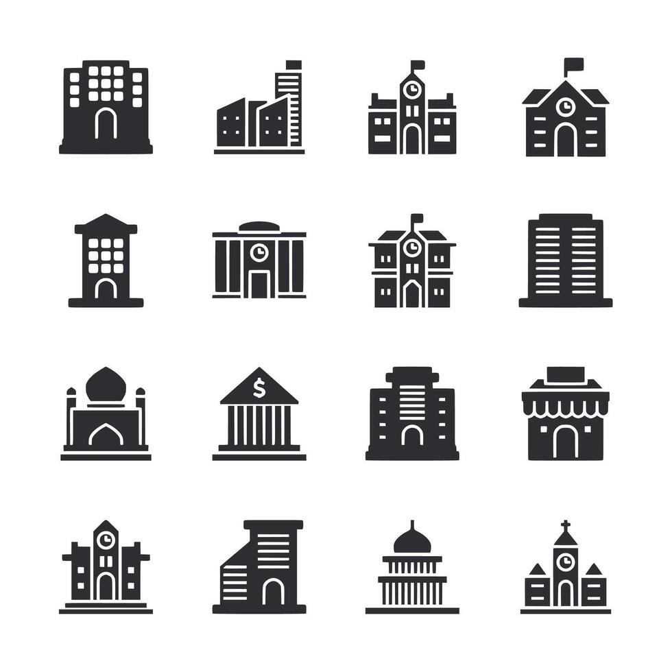 A collection of buildings and buildings with a clock on the side vector