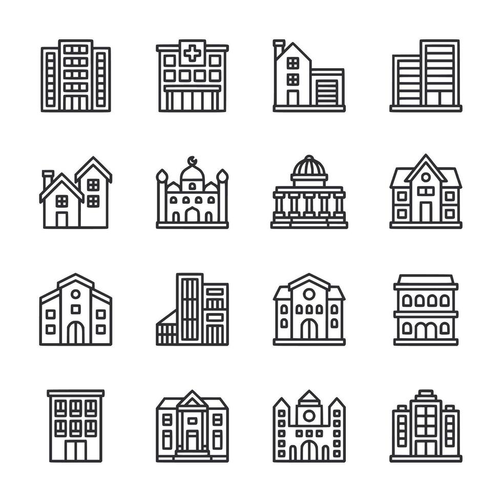 A collection of buildings in various styles, including a hospital, a school vector
