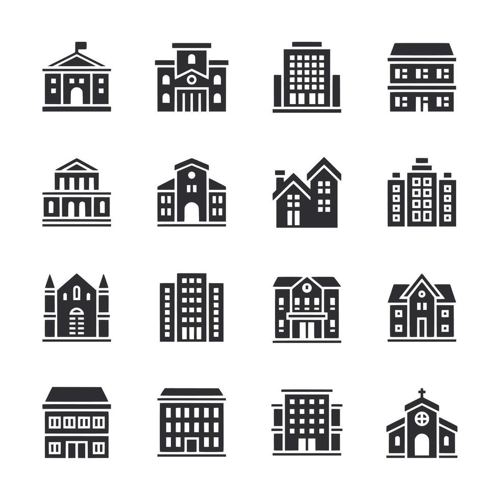 A collection of buildings in various styles, including a church, a school vector