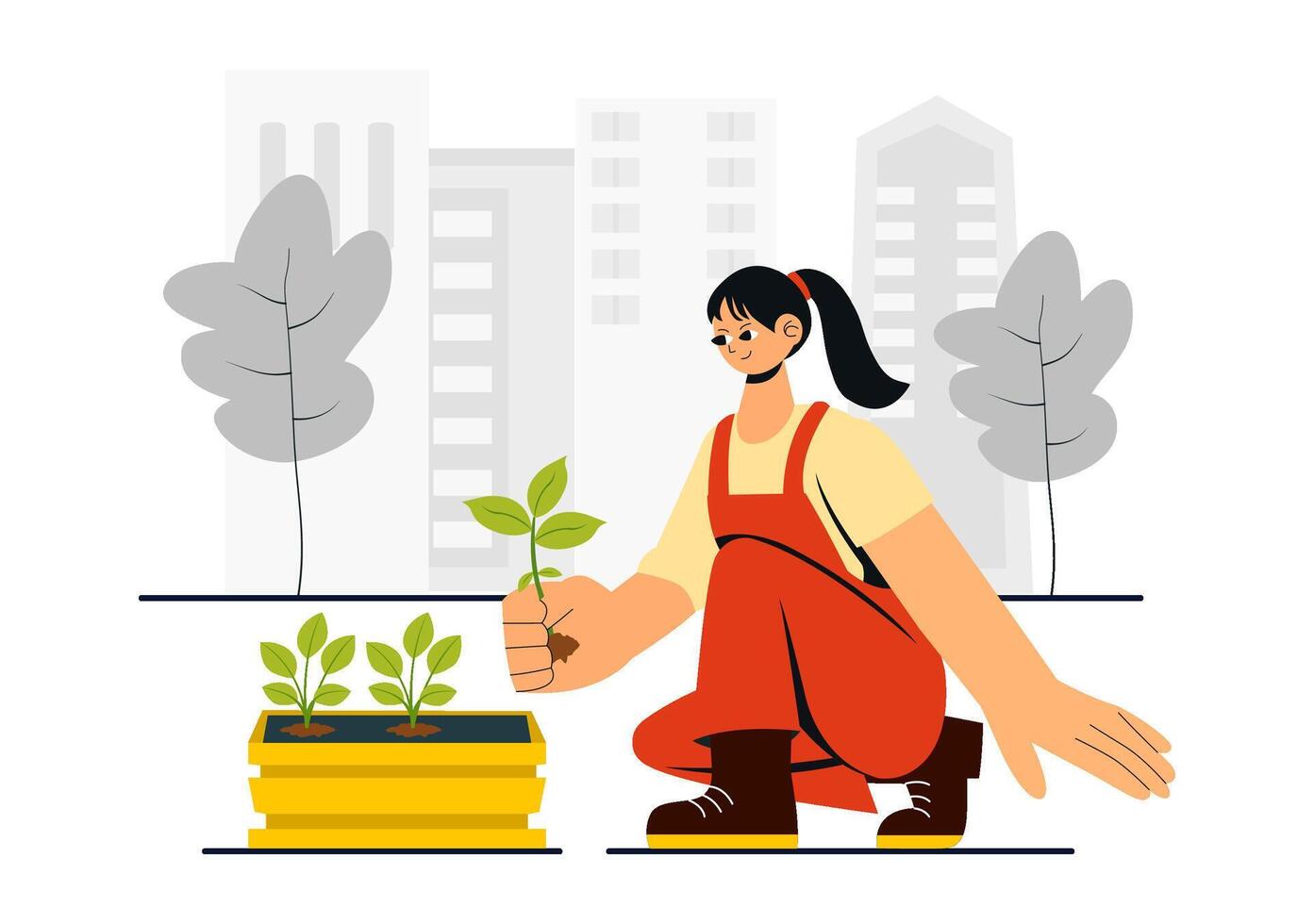 Urban Gardening Scene Featuring Florists Planting Sprouts in a City Park Setting vector