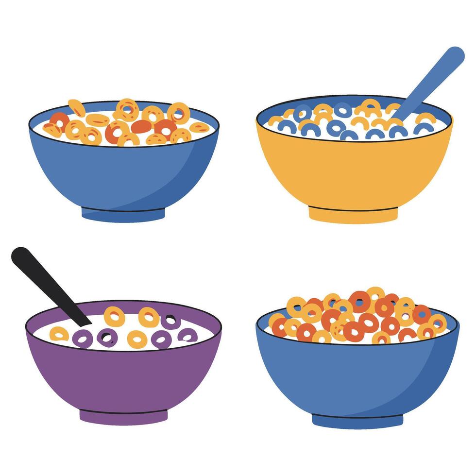 Vibrant and Fun Breakfast Bowl Graphics with Playful Cereal and Milk Themes vector