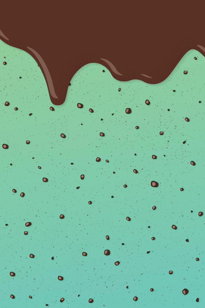 Melt chocolate pouring on mint chocolate chip ice cream texture vertical background graphic illustration. vector