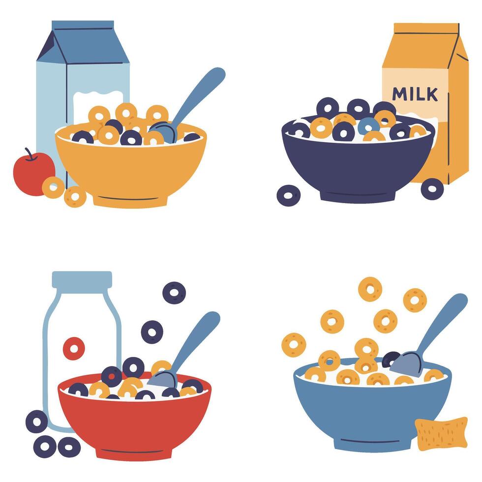 Breakfast Bowl Cartoon Illustrations Highlighting Whimsical Cereal and Milk Themes vector