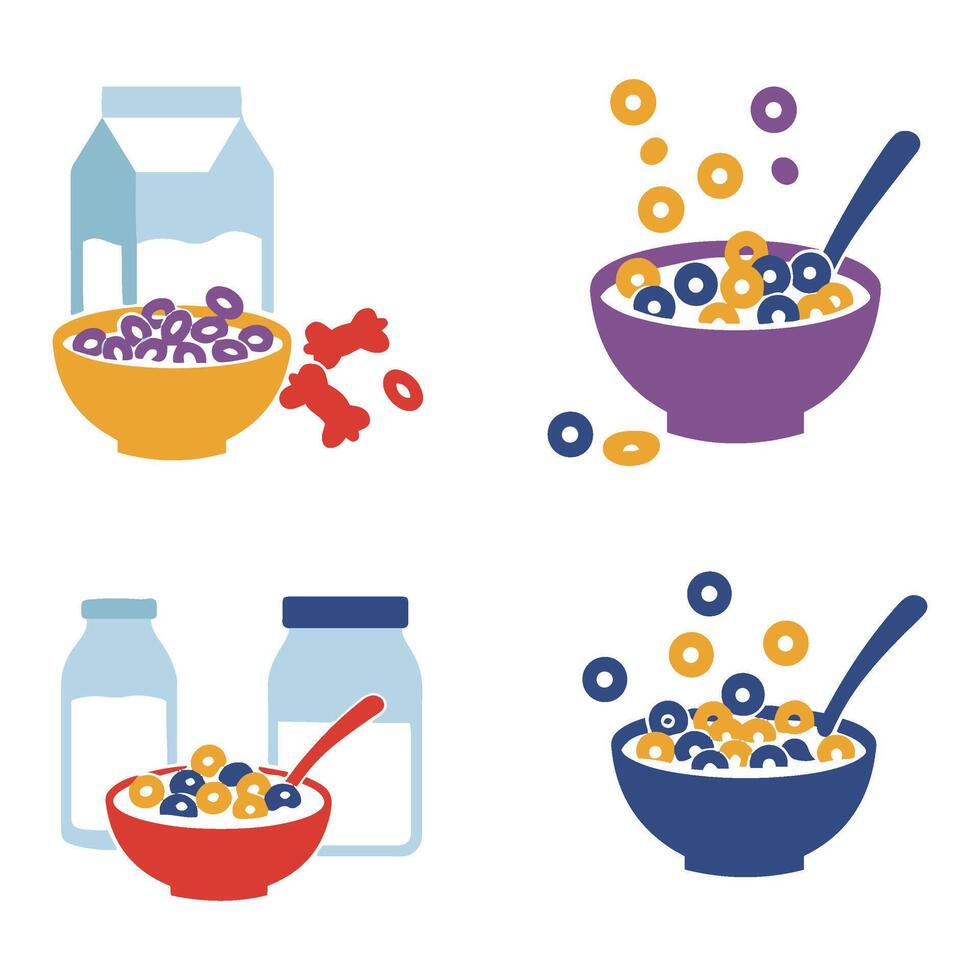 Cheerful Breakfast Bowls of Cereals Cartoon Illustrations for Fun Food Design Projects vector
