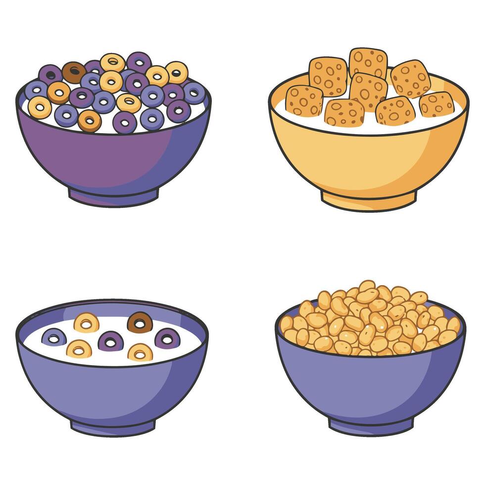 Whimsical Breakfast Bowl Vectors Art of Cereals and Milk for Creative Food Illustrations