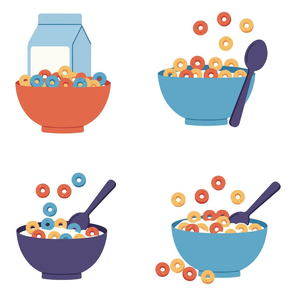 Bright and Playful Breakfast Bowl Vectors Illustrations of Milk and Cereal Designs