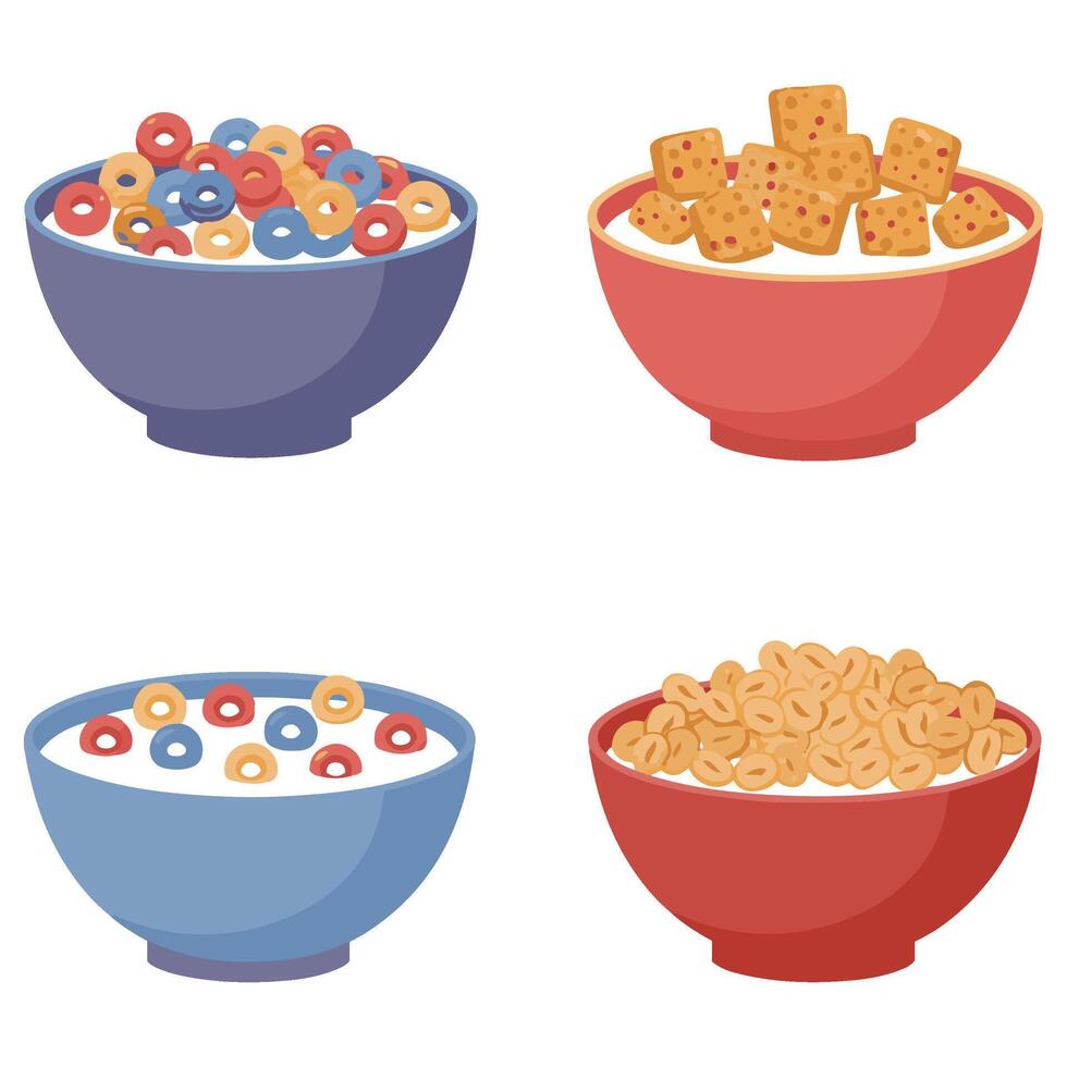 Eye-Catching Breakfast Bowl Cartoon Designs with Milk for Engaging Food Projects vector