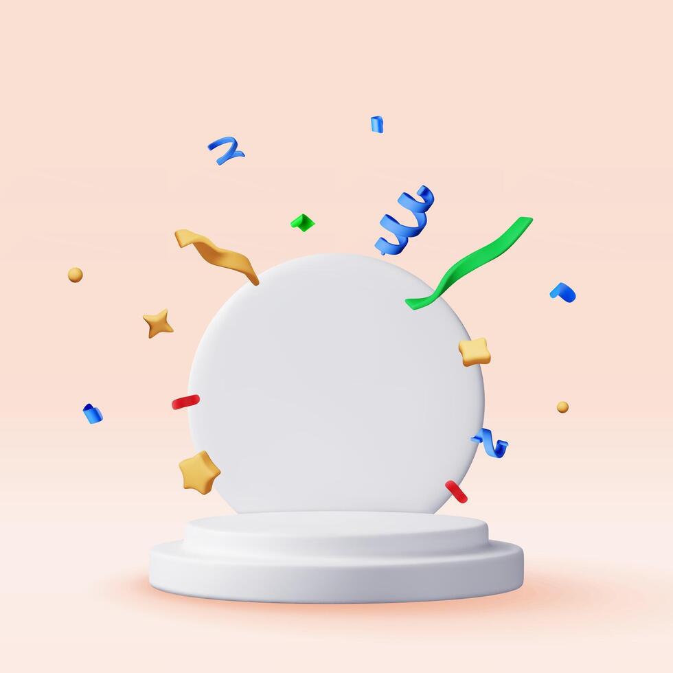 3D white podium with confetti isolated. Render stage mockup. Platform with confetti. Valentine day, birthday card, product display vector