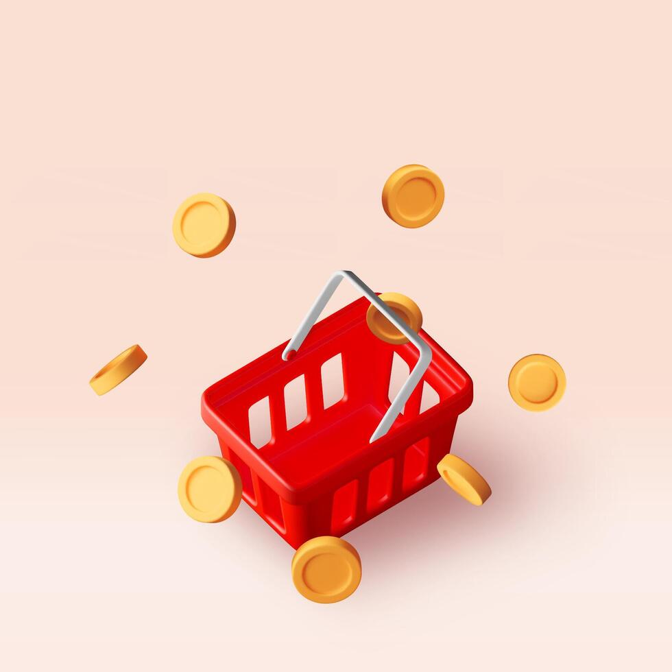 3d shopping basket and gold coins isolated. Render shopping cart and golden coin. Promotion or cash back, sale, discount or clearance. vector