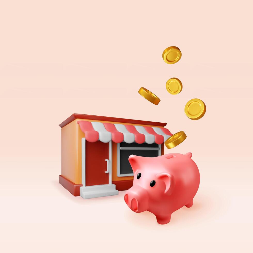 3D franchise business for sale. Render franchising shop building or commercial property with piggy bank and coins. vector