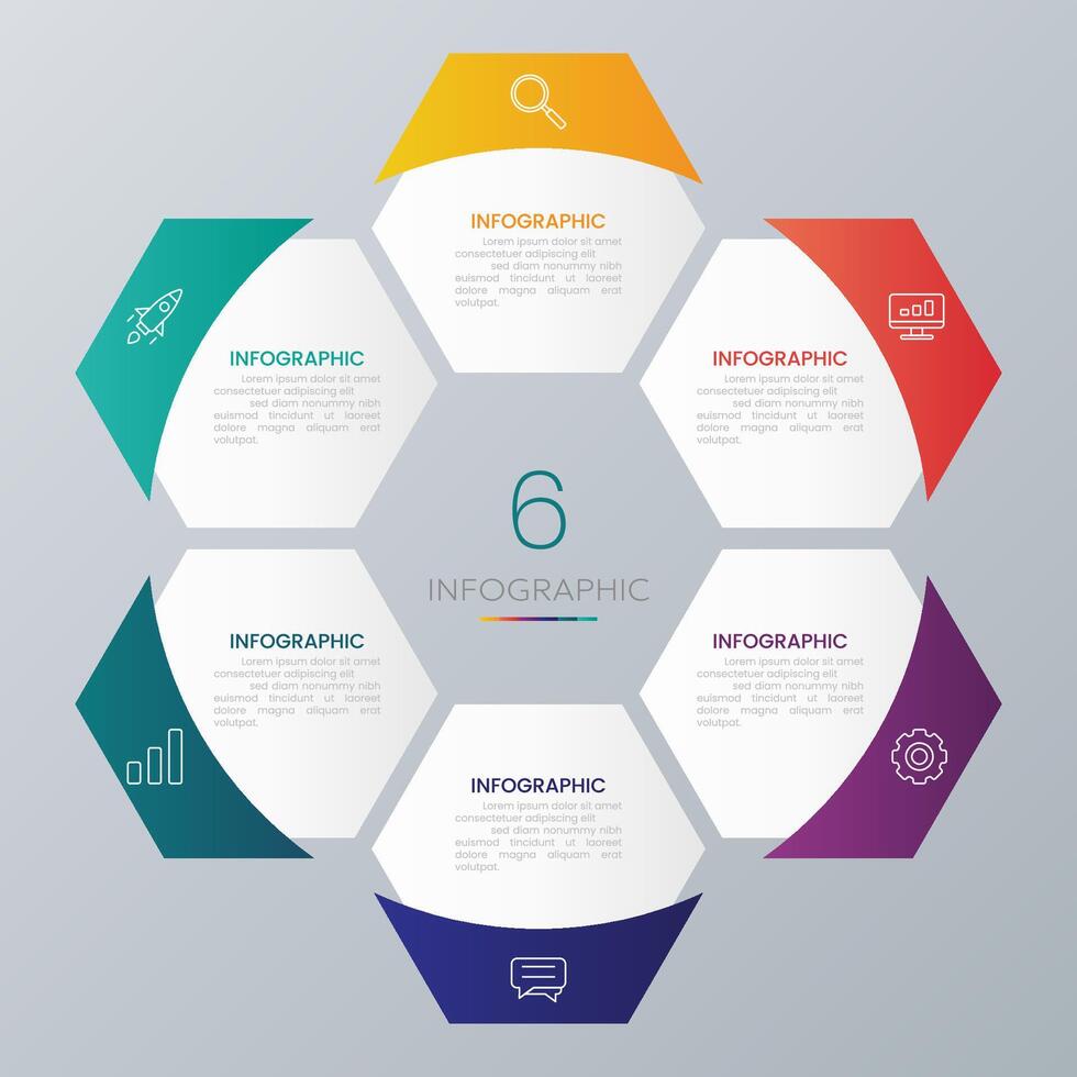 Modern hexagon shape infographic with 6 step icons vector