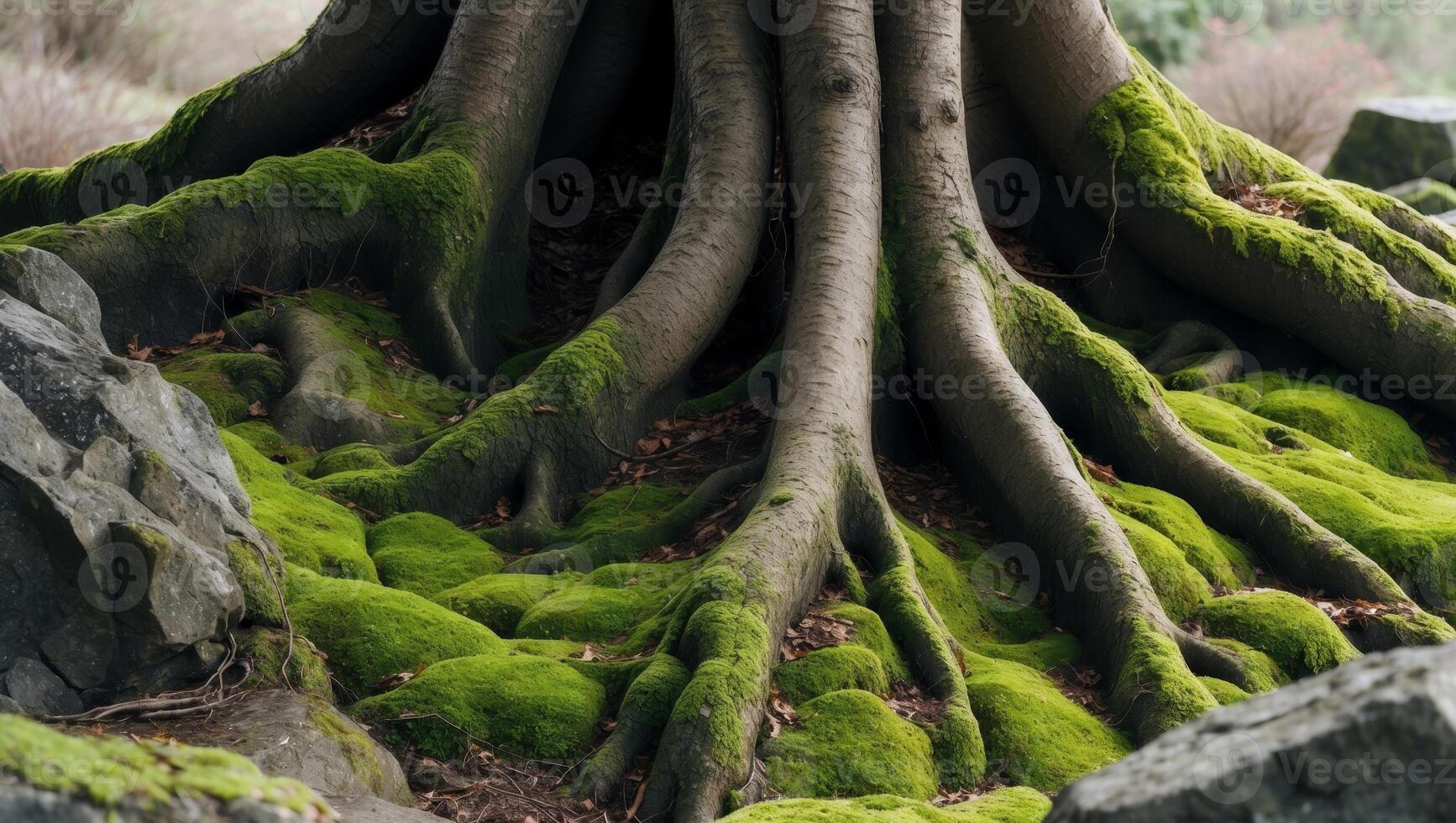 A tree root is surrounded by rocks and moss. photo