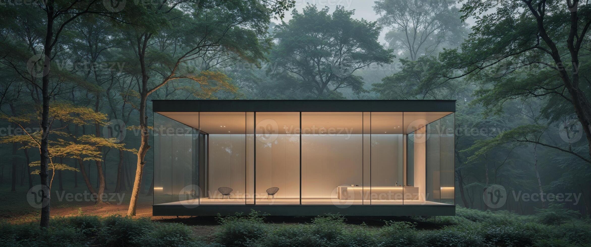 Contemporary Glass House in a Woodland Area. photo