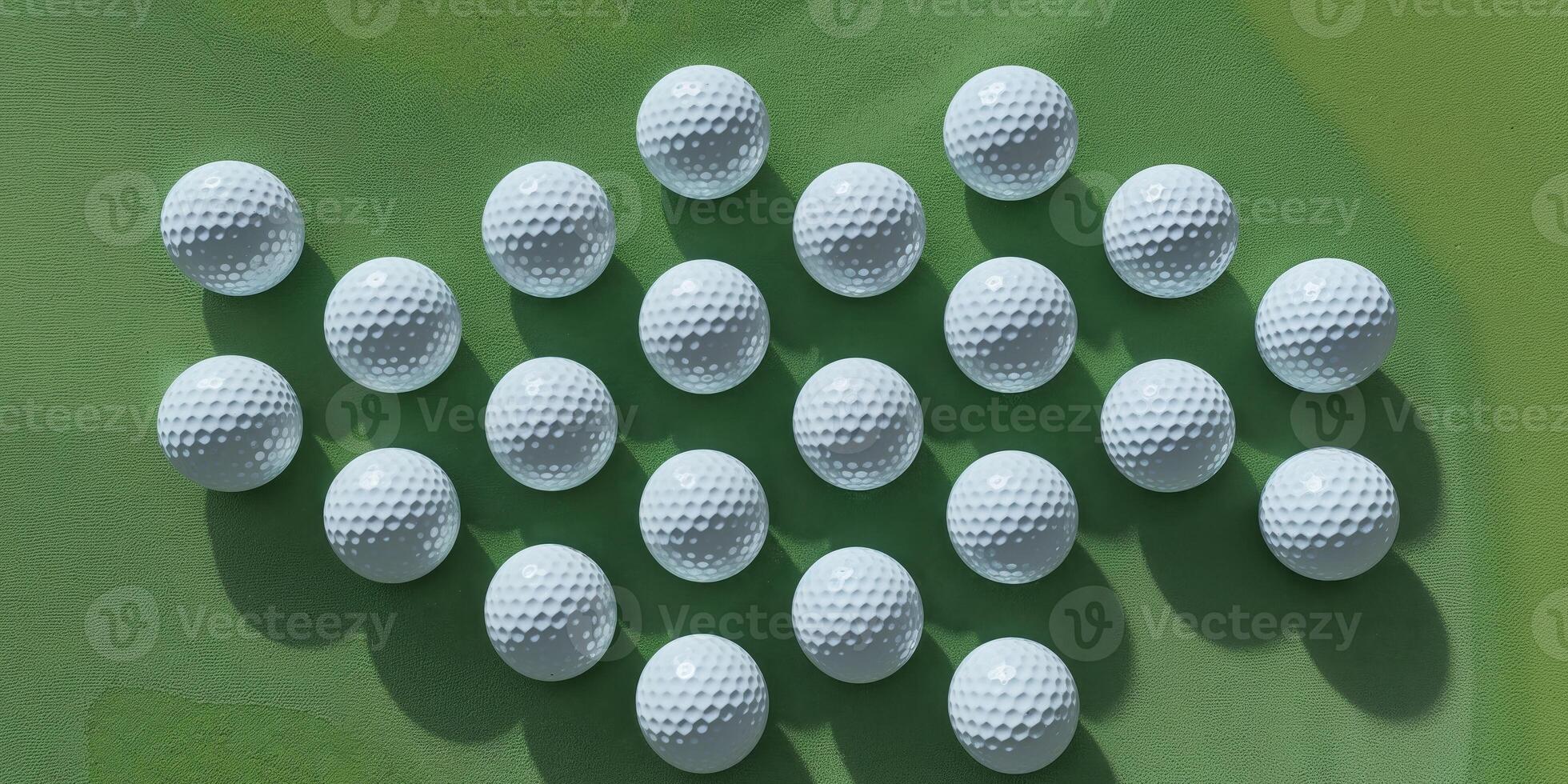 Neatly Arranged Set of Golf Balls Lined Up on a Lush Green Course. photo