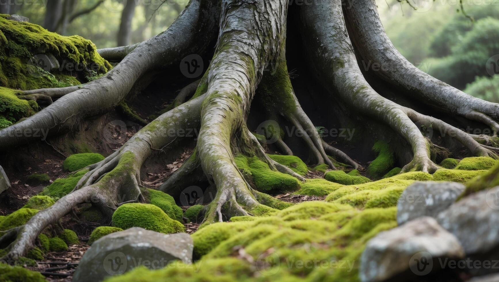 A tree root is surrounded by rocks and moss photo