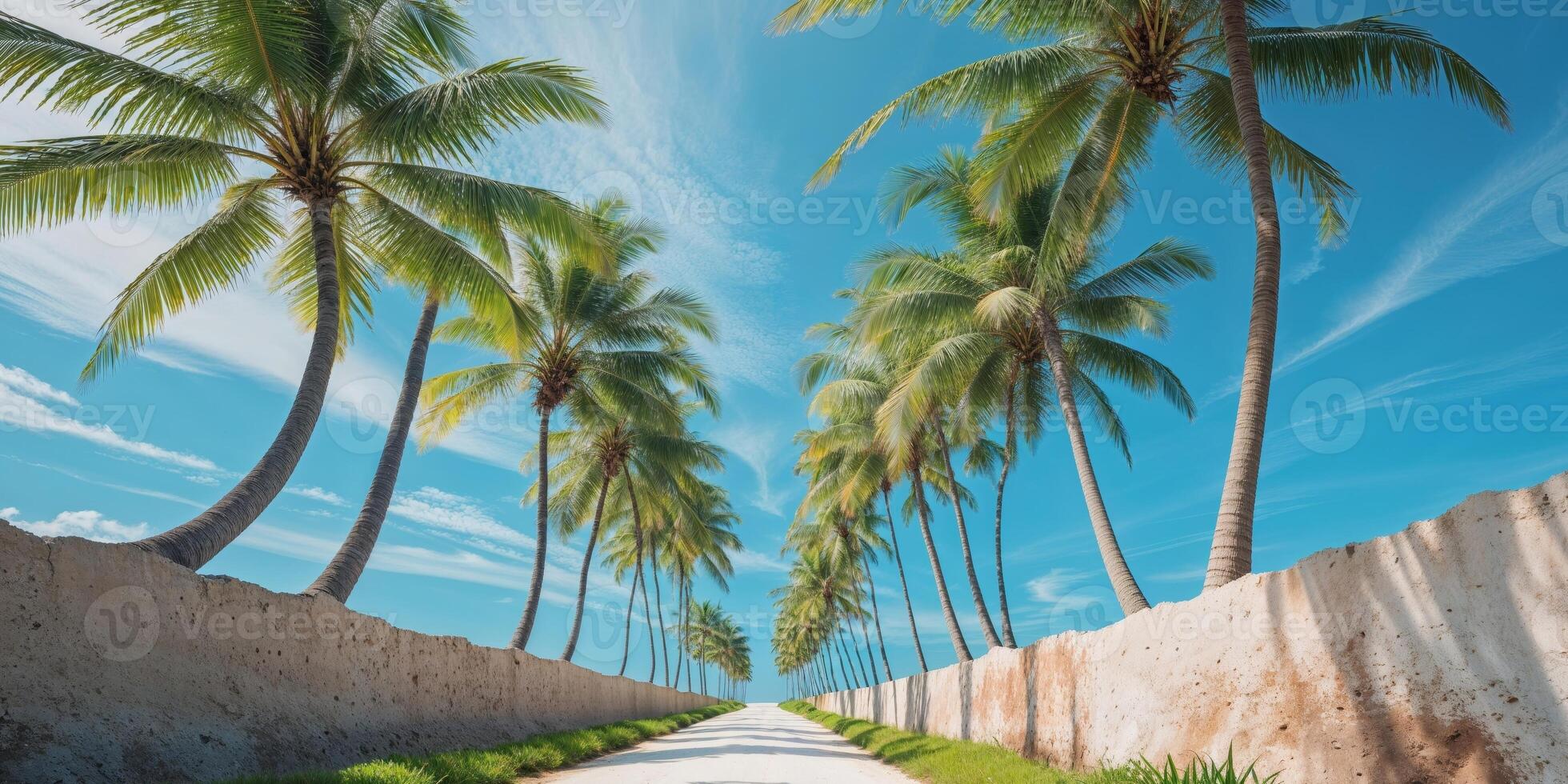Bright Tropical Pathway with Palm Trees and Blue Sky photo
