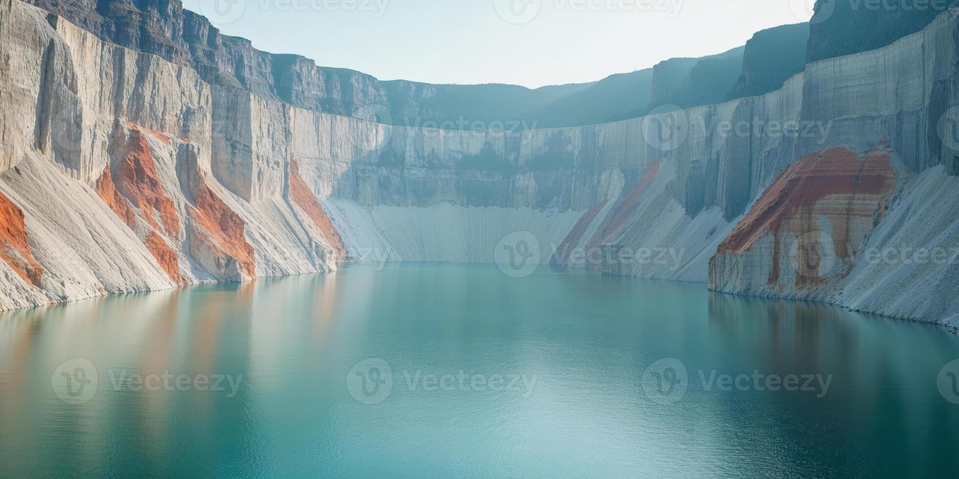 Massive Open Pit Mine Transformed into Deep Water Reservoir Surrounded by Cliffs photo