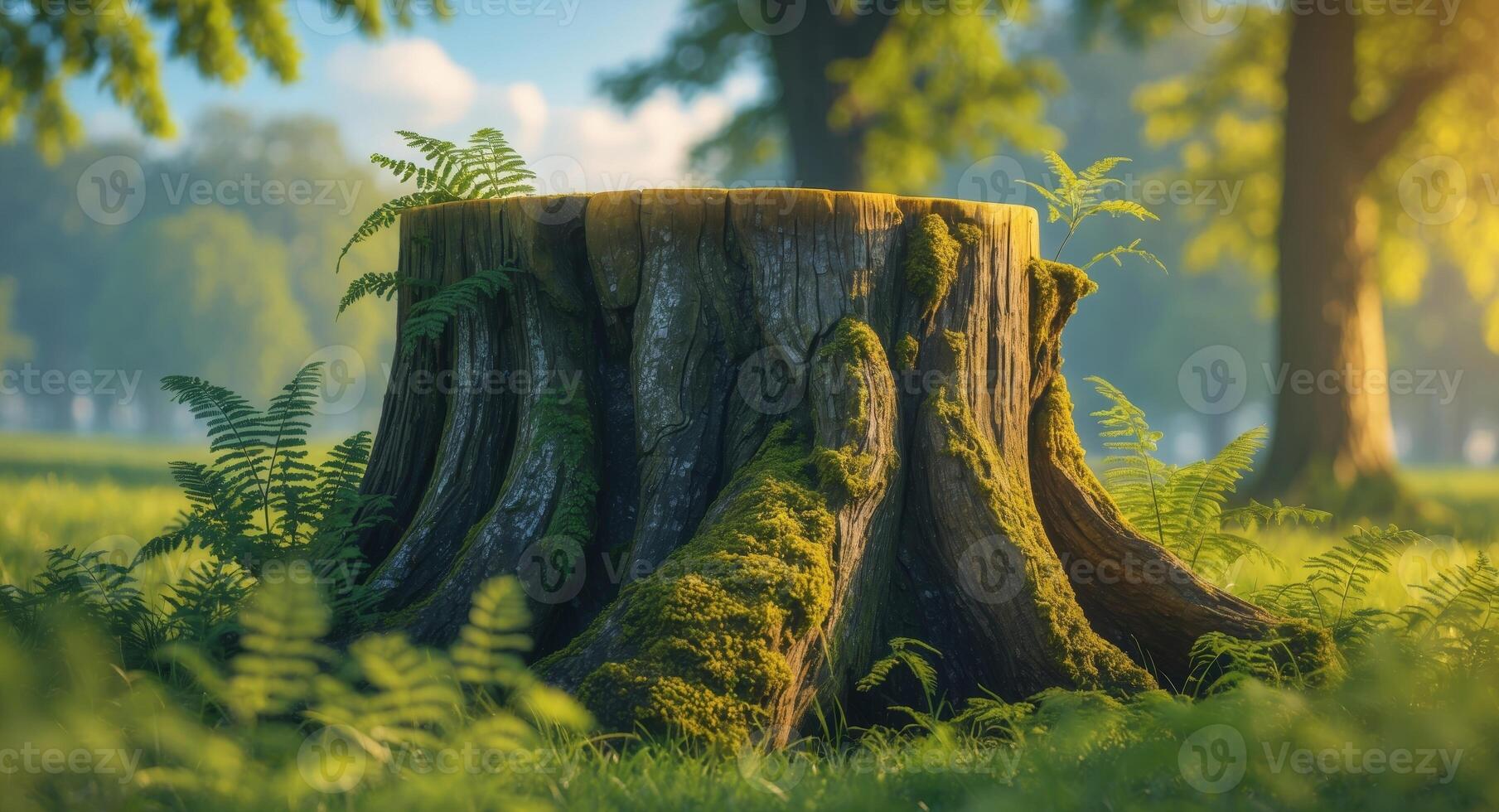 Sunlit tree stump in serene park setting with lush greenery photo