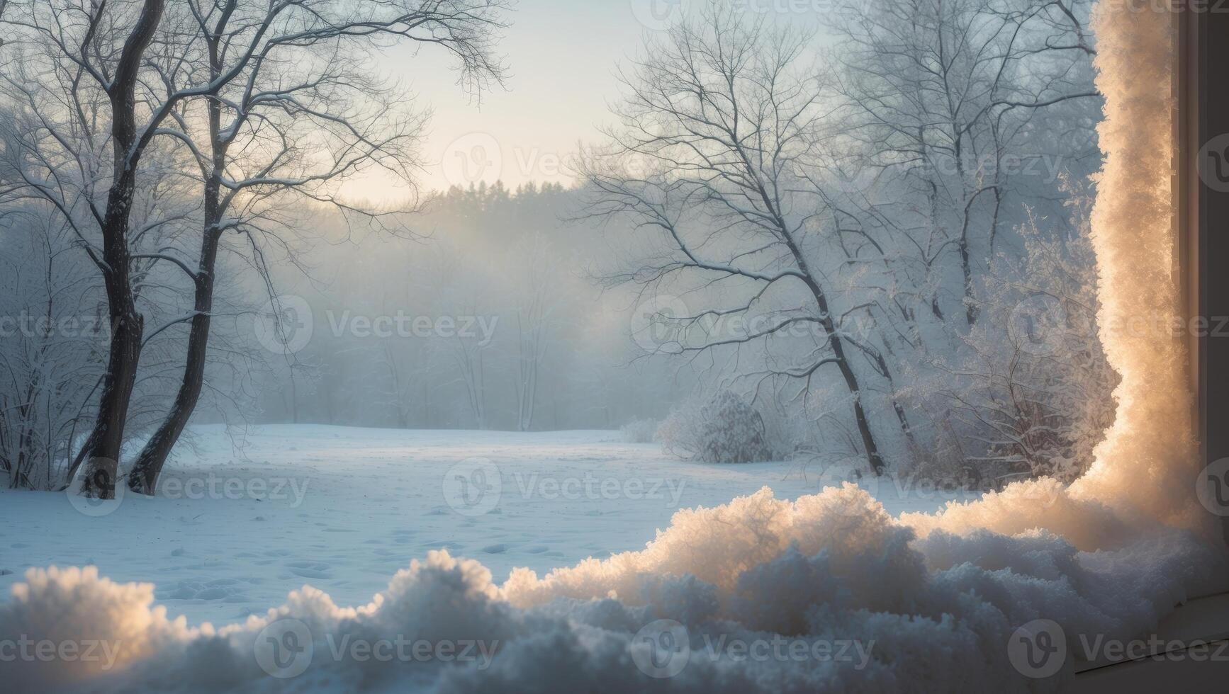 Cozy Winter Scene with Snowy View from Window. photo