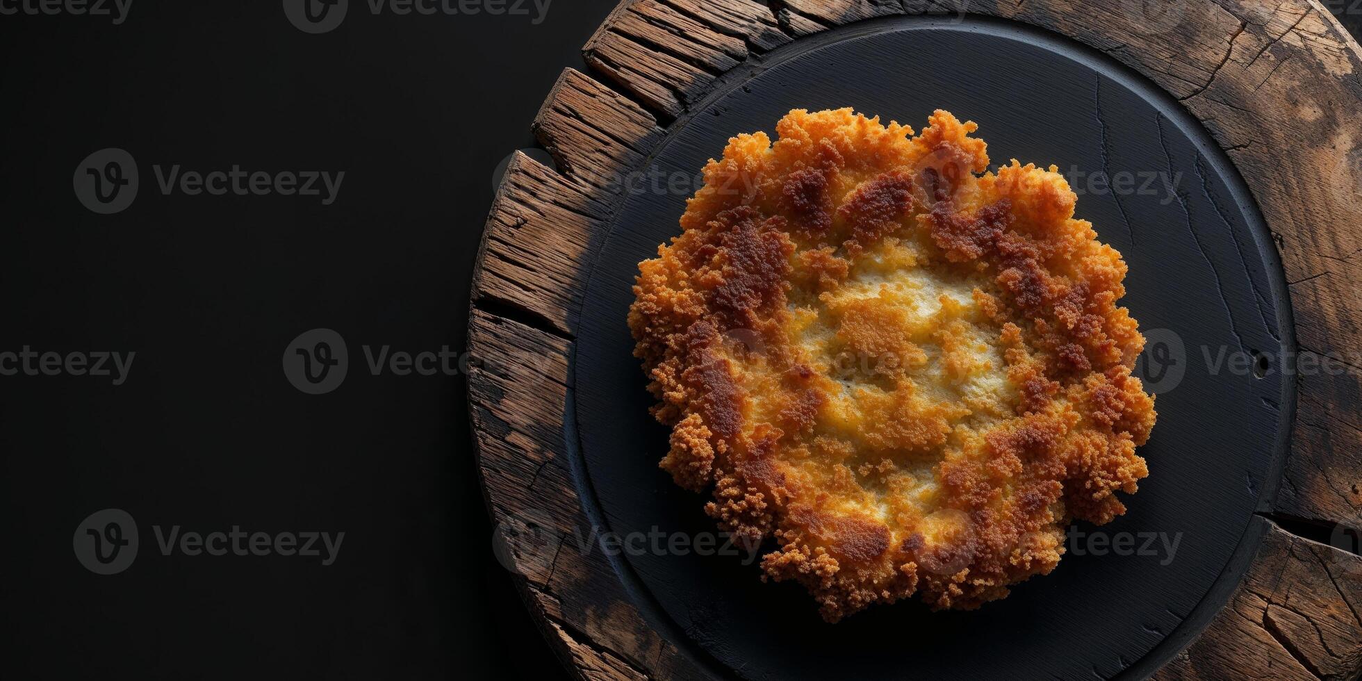 A black background image of a fried cutlet placed on a wooden board. photo