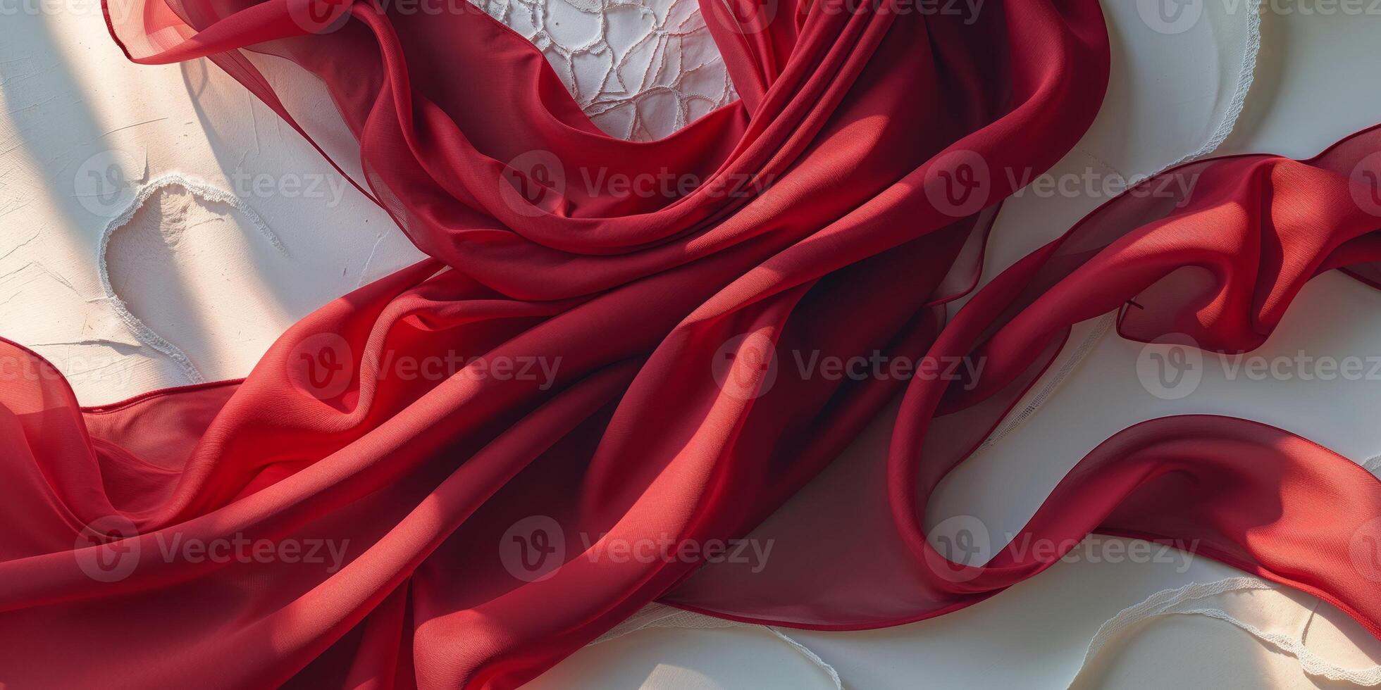 Elegant red silk and chiffon fabric draping beautifully on a textured surface for fashion or interior design concepts. photo