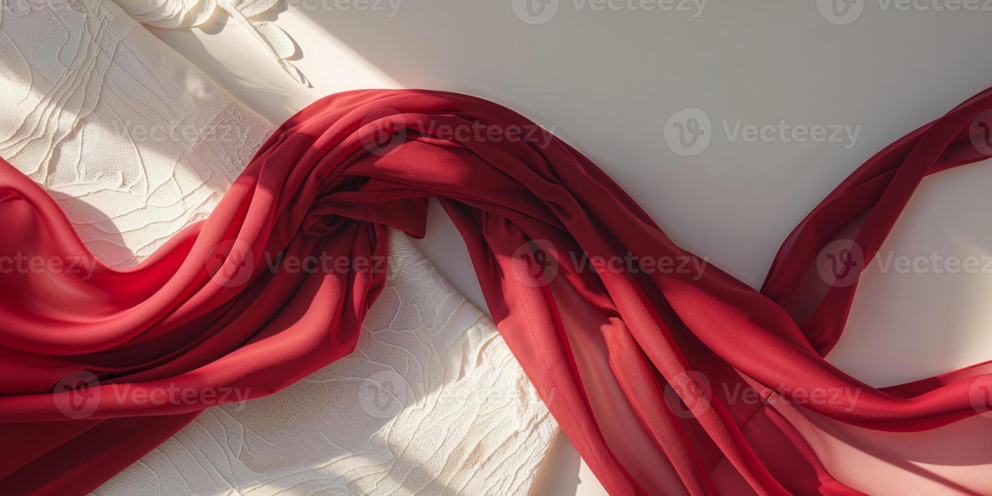 Elegant red silk and chiffon fabric draping beautifully on a textured surface for fashion or interior design concepts photo