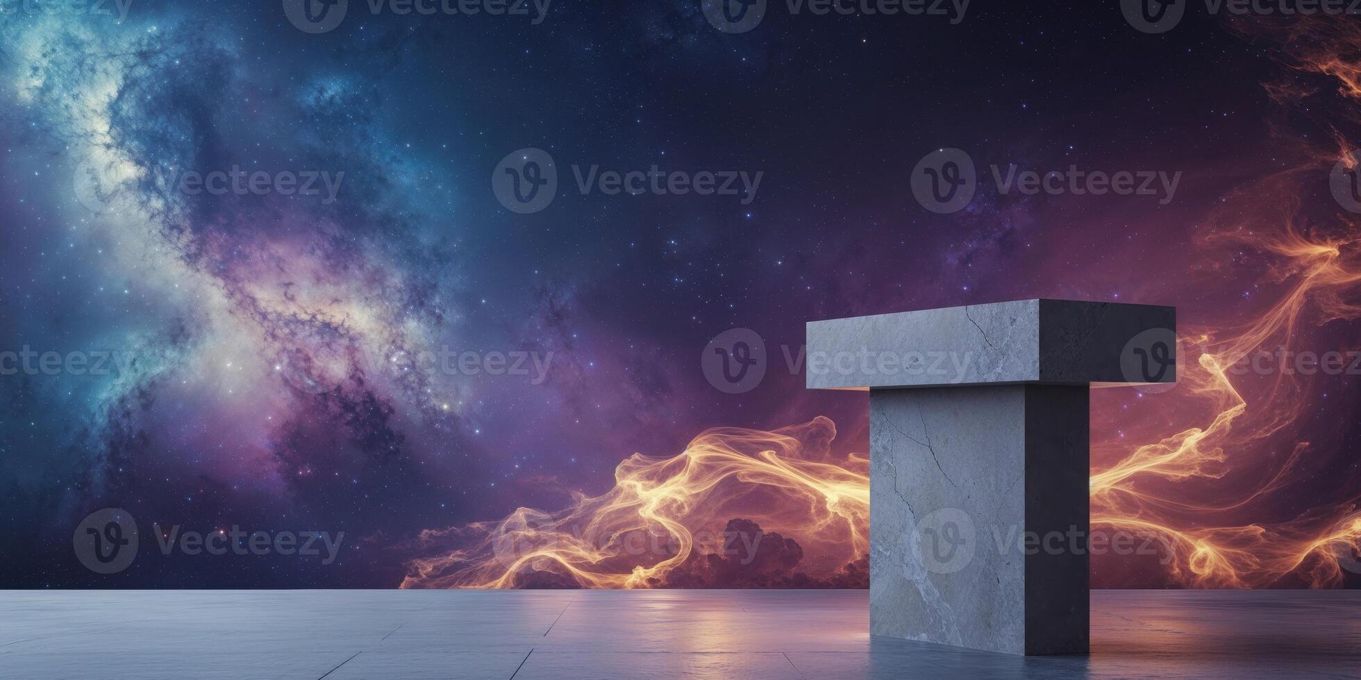 Stone podium with glowing ember accents in a cosmic nebula backdrop. photo