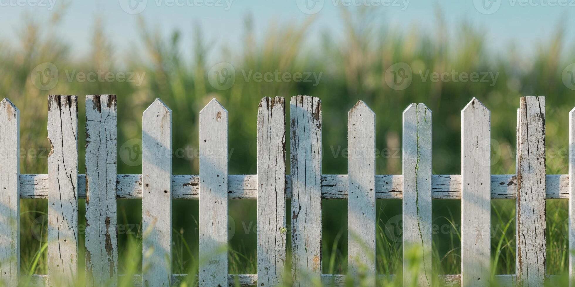 Aged White Wooden Fence with Grassy Base - Rustic Country Charm. photo