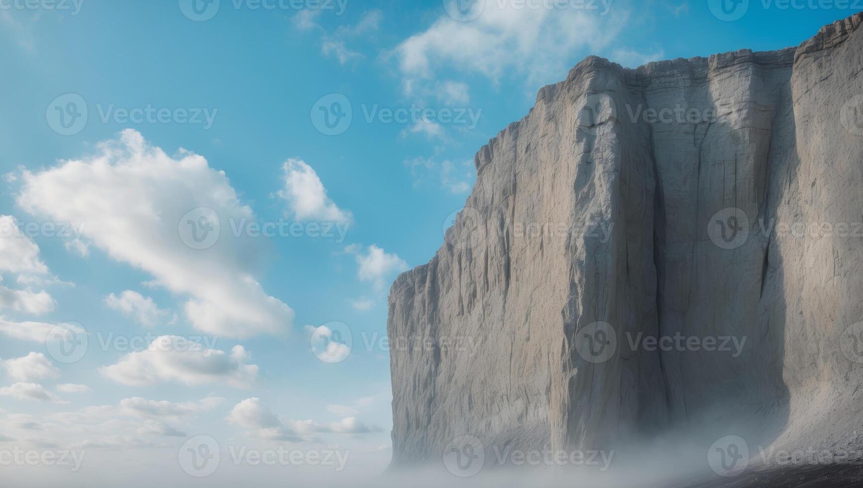 Majestic Rocky Cliff Surrounded by a Vibrant Blue Sky and Fluffy White Clouds Evoking a Sense of Natural Beauty and Tranquility in the Outdoors. photo