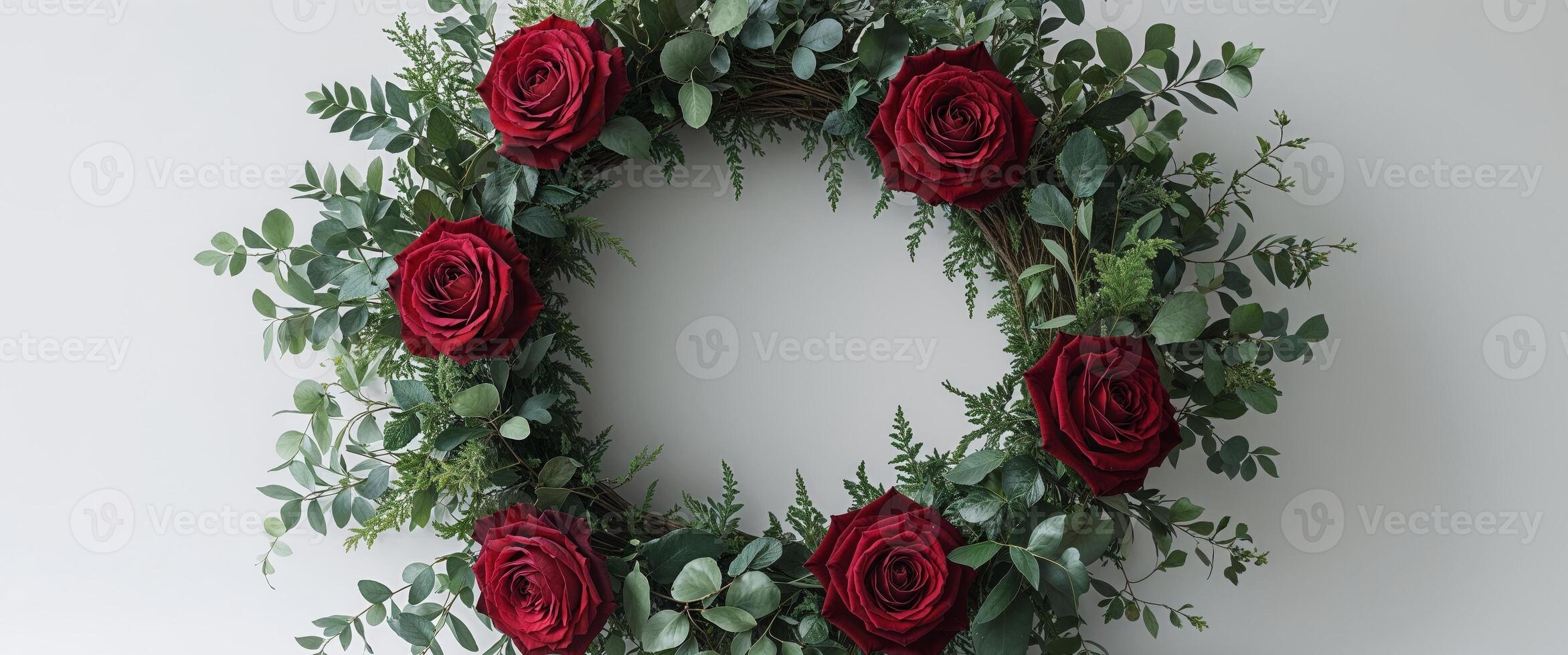 Charming wreath adorned with red roses and greenery for decoration. photo