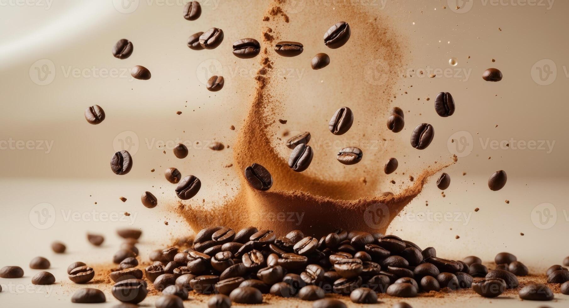 Roasted coffee beans falling and splashing ground coffee dust in warm light photo