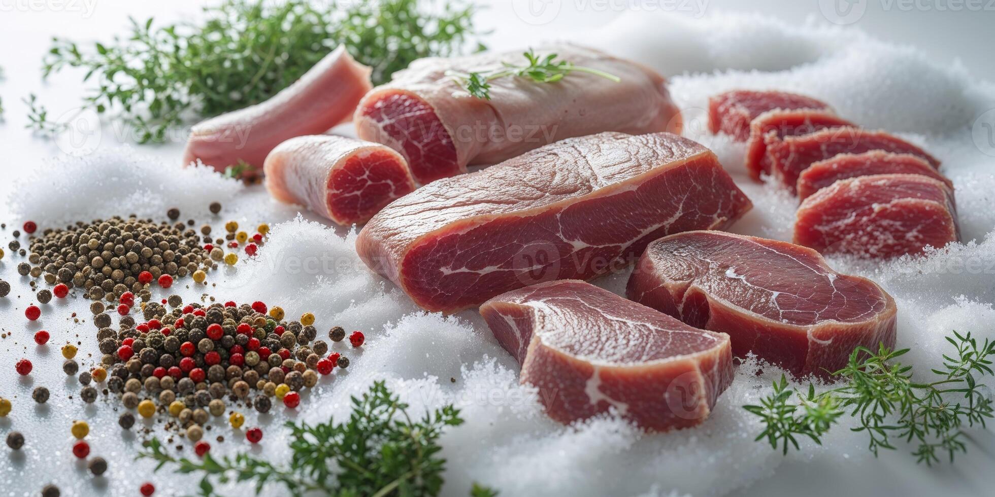 Fresh Raw Meat Cuts with Colorful Peppercorns and Herbs on a Bright Background for Culinary and Food Preparation Concepts photo