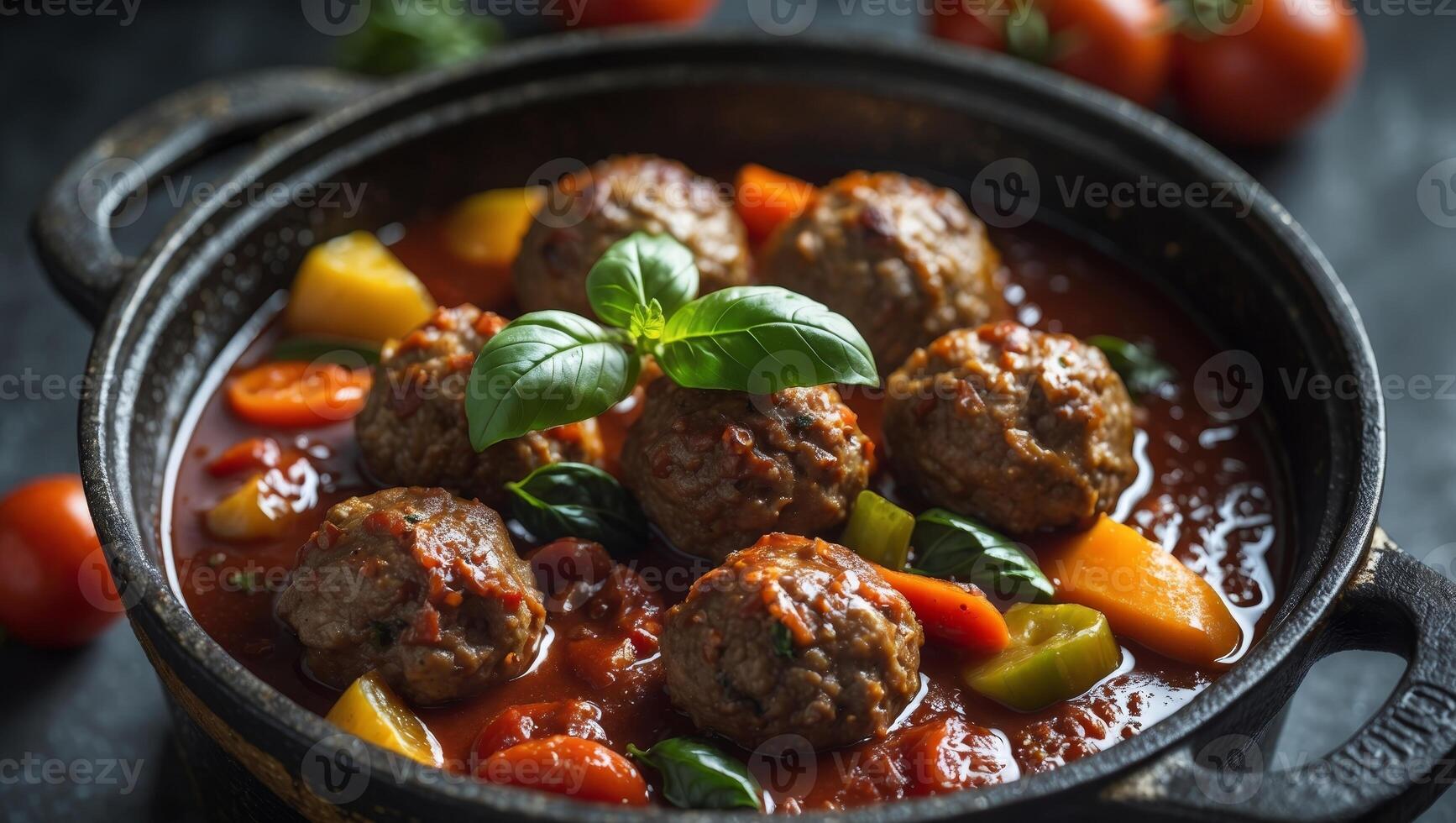 Savory meatballs simmered in rich tomato sauce with vibrant vegetables and fresh basil in a black pot on dark background photo