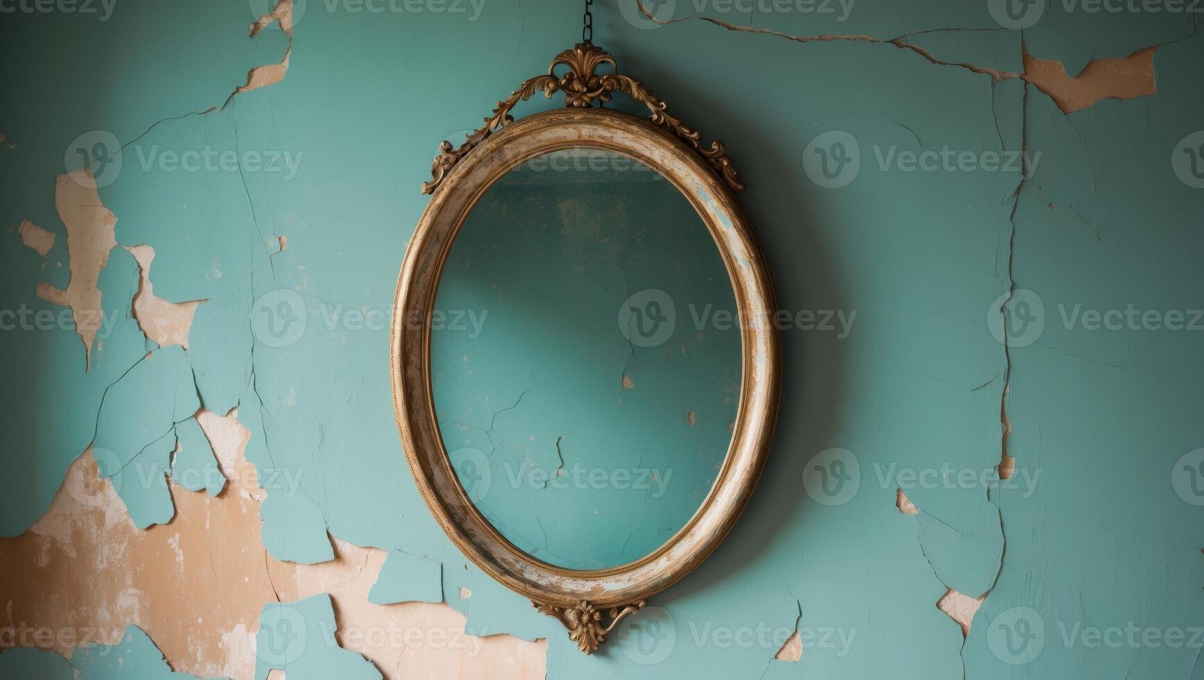 Antique Oval Mirror on a Distressed Teal Wall. photo