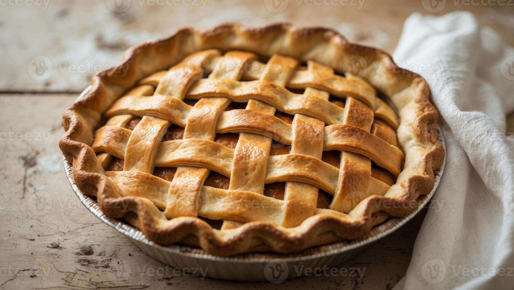 Golden Brown Homemade Pie with Lattice Crust Freshly Baked on Rustic Table with Kitchen Towel Beside It photo