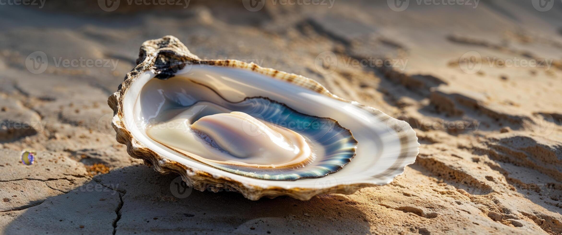 Elegant Open Oyster on Sandstone Surface with Natural Textures and Soft Lighting. photo