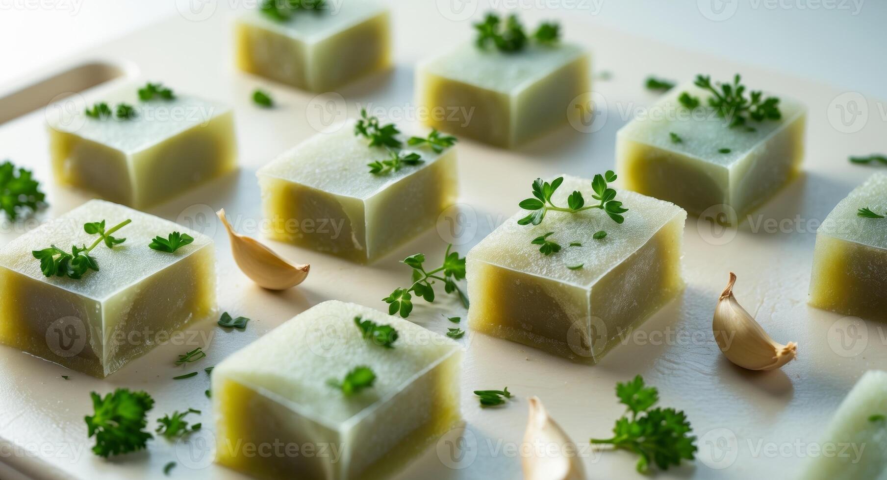 Fresh Frozen Soup Cubes on Cutting Board with Herbs and Garlic - Modern Meal Prep Concept photo