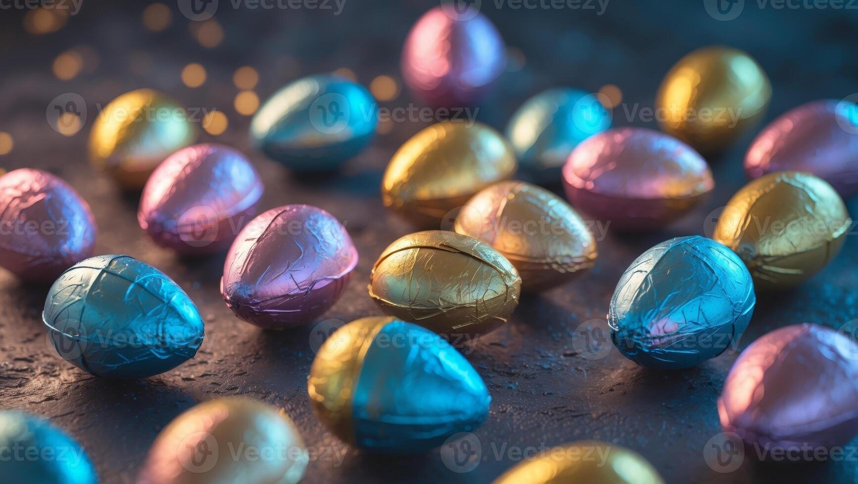Colorful chocolate eggs wrapped in metallic foil on a dark textured surface photo