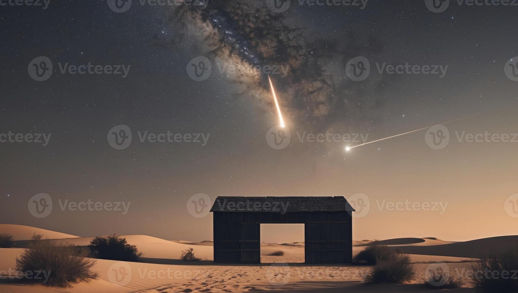 Nativity Silhouette of Stable Under Starry Sky with Bright Comet in Peaceful Desert Scene photo