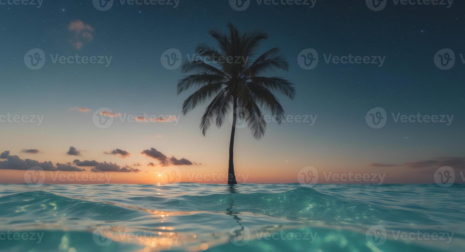Serene underwater split shot of a lone palm tree in tranquil waters during twilight hours photo
